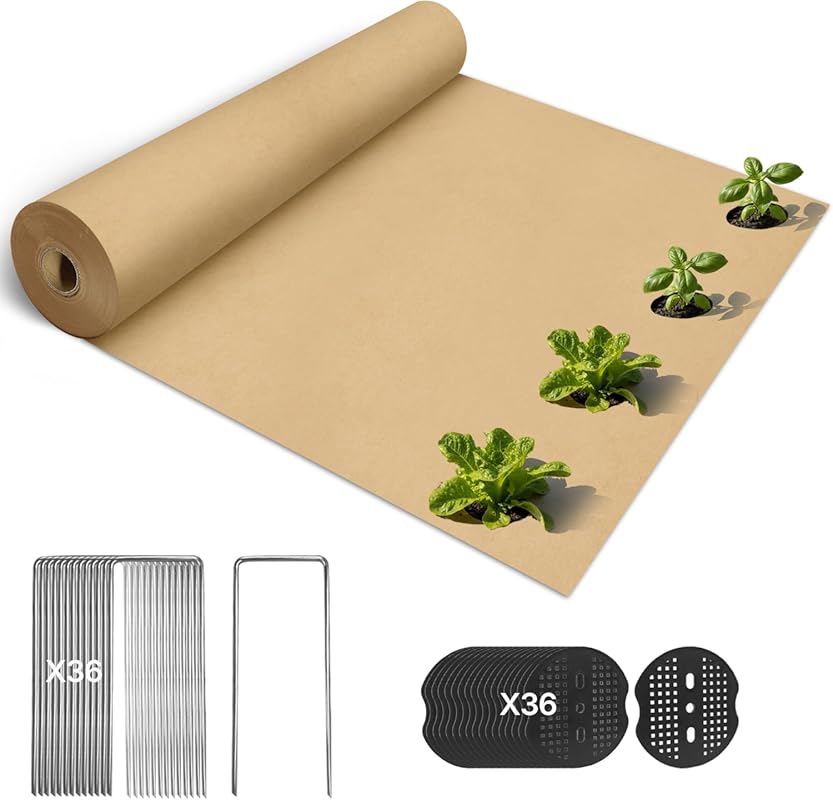 60 ft x 3 ft Biodegradable Paper Weed Barrier with U-Shaped Ground Nai