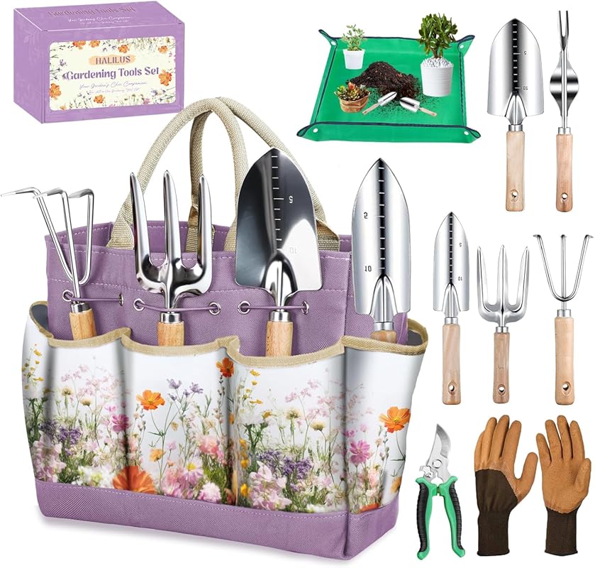 9-Piece Garden Tools Set – Heavy Duty Stainless Steel with Purple Flor