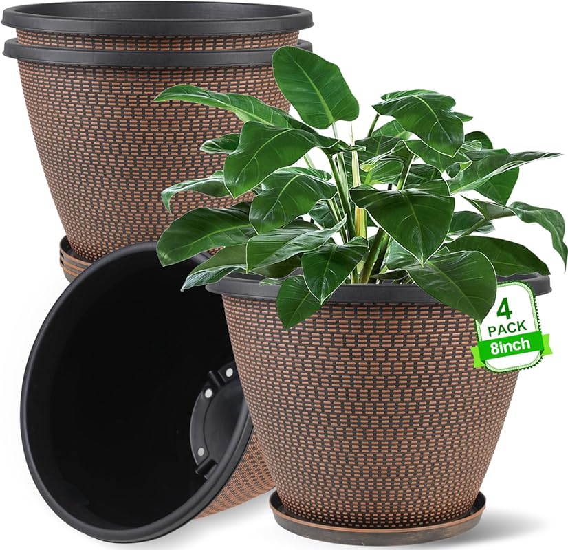 4-Pack 8-Inch Plastic Plant Pots with Drainage and Trays – Decorative 