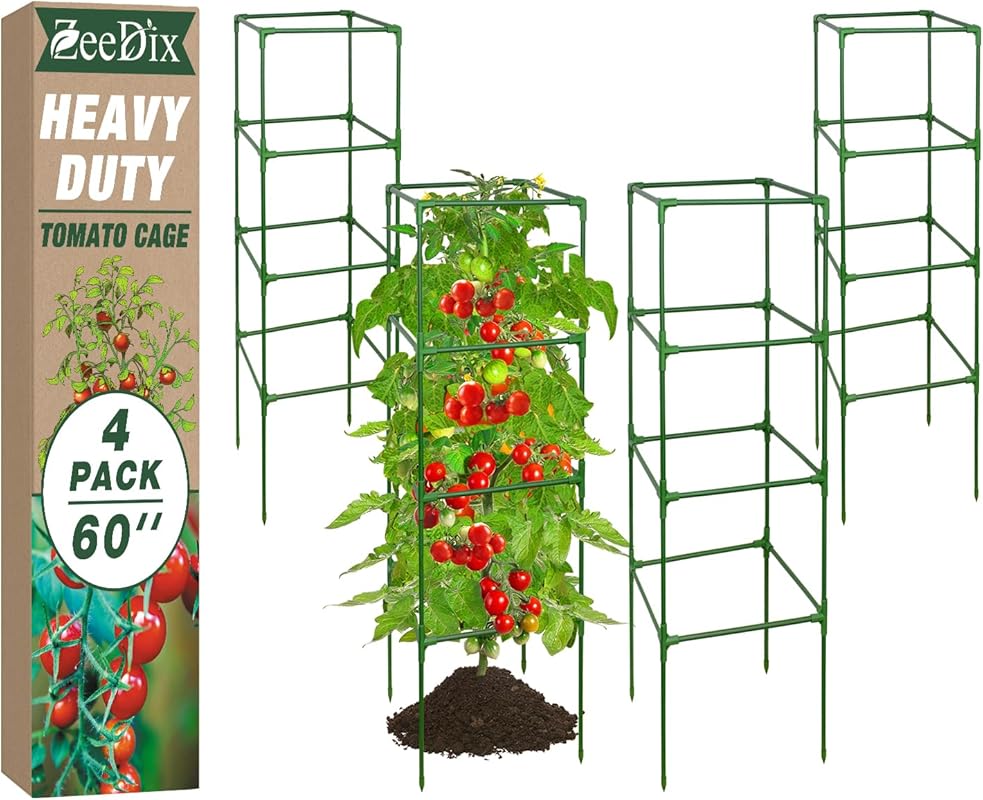 ZeeDix 4-Pack 60 Inch Heavy-Duty Square Adjustable Tomato Trellis Cage