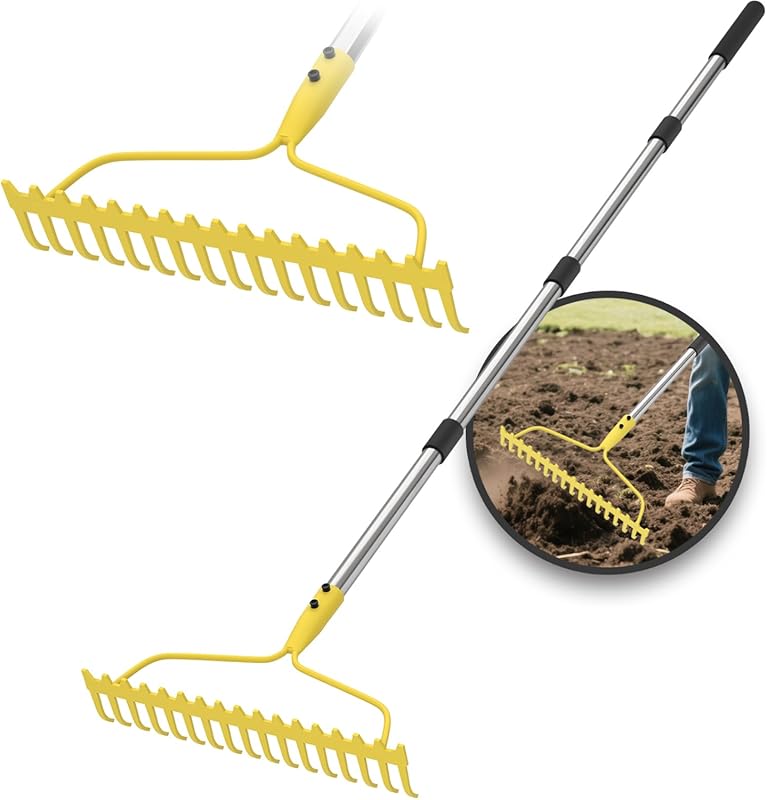 Heavy Duty 6 FT Bow Rake with 17 Tines Metal and Stainless Steel Handl
