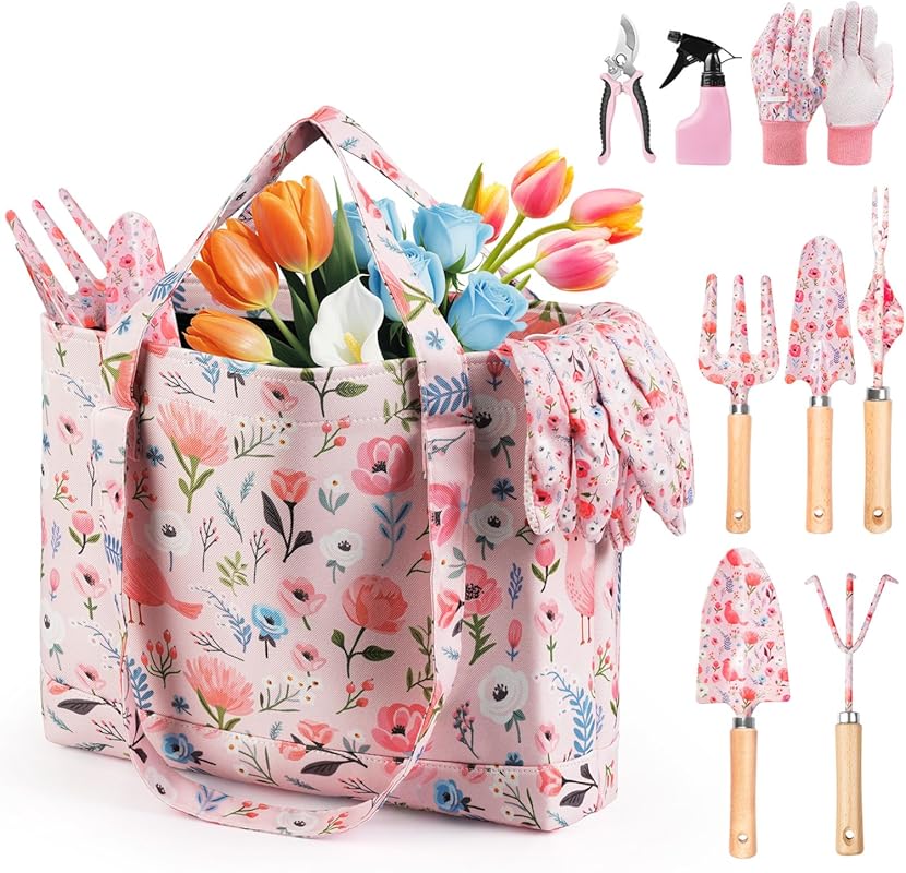10-Piece Rust-Proof Heavy-Duty Gardening Tools Set with Floral Organiz