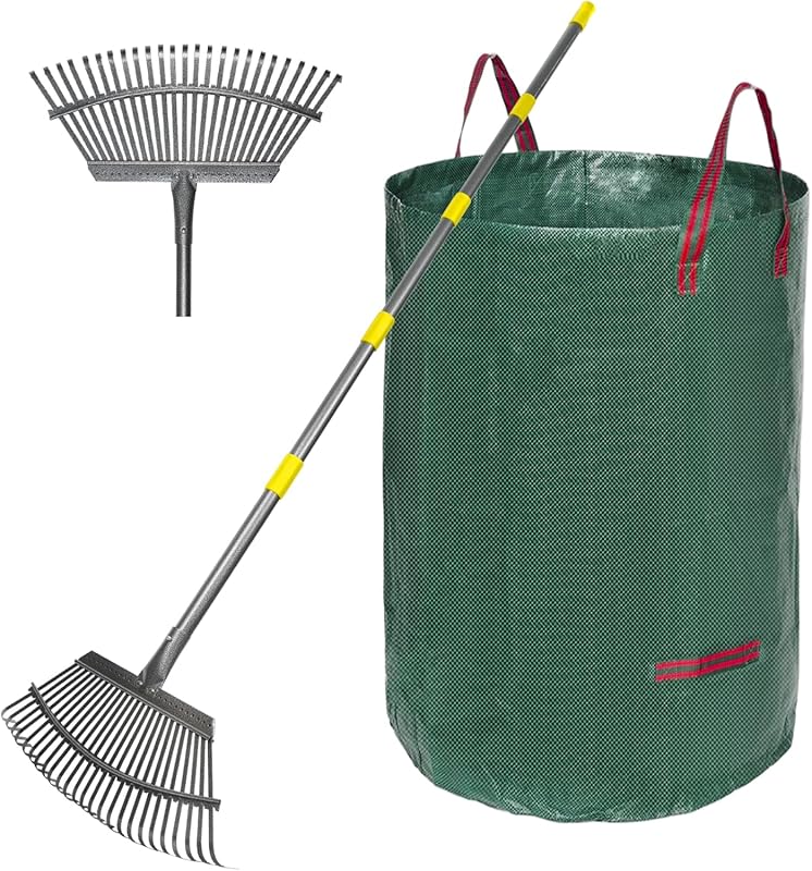 Adjustable 36-73 Garden Rake: 18 Wide, 25 Tines, 32 Gallon Leaf Bags