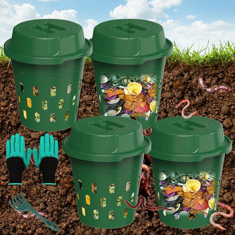 4-Pack Warm Farm 8L Inground Worm Composter for Garden Beds Home Use, 