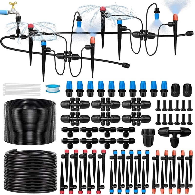 230FT Drip Irrigation System with 40 Nozzles and Emitters, 1/2