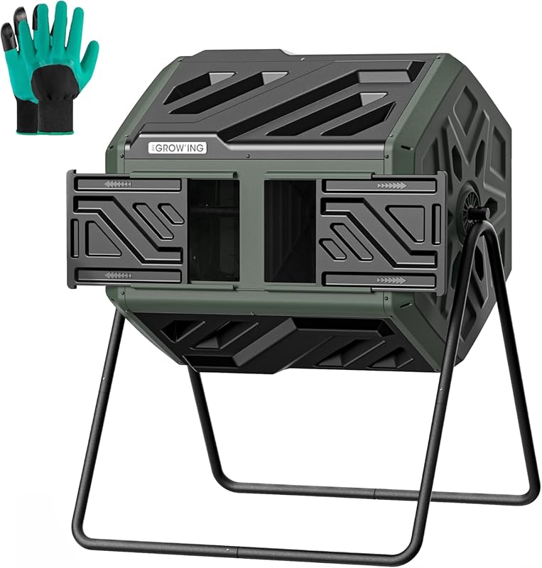 THEGROW'ING Updated 43-Gallon Dual Chamber Tumbling Composter with Fas