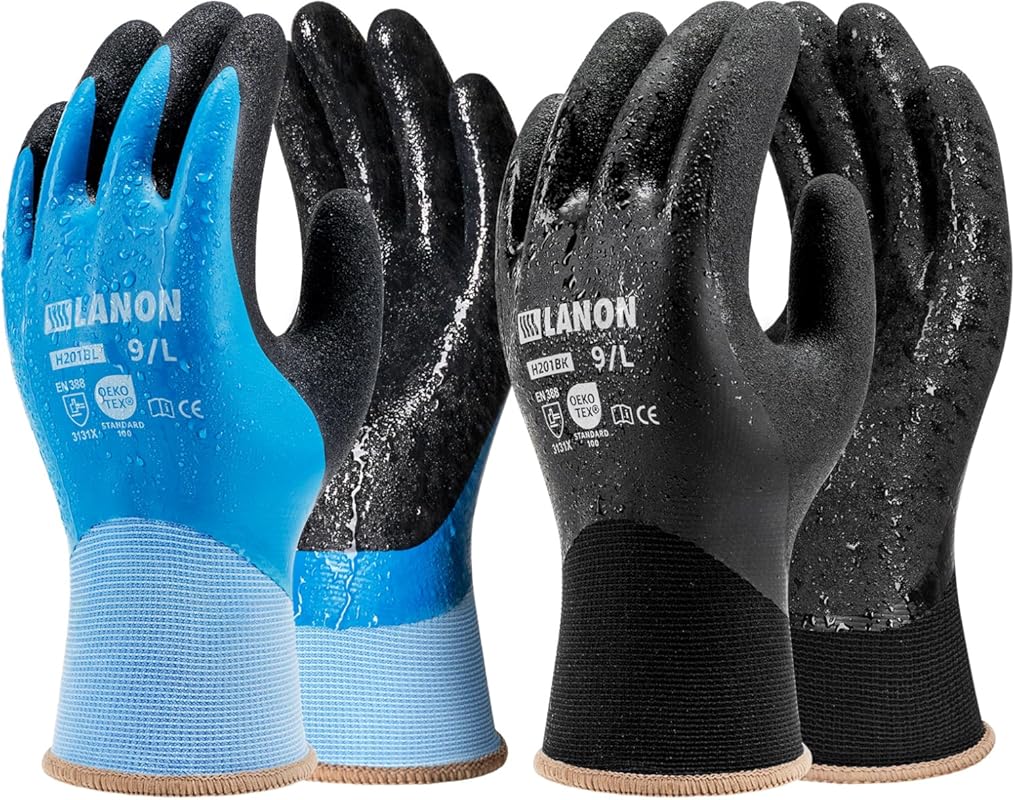 LANON 2 Pairs Waterproof Work Gloves - Double Rubber Coated Non-Slip G