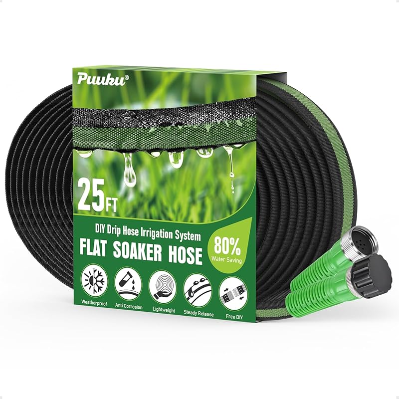 25FT Flat Soaker Hose for Garden Lawns, 80% Water-Saving Drip Irrigati