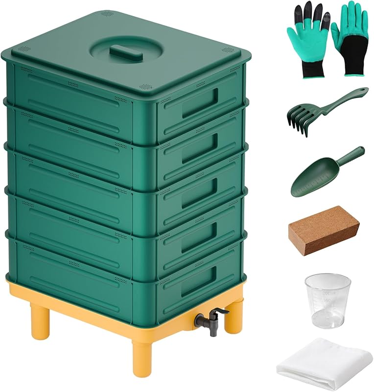 5-Layer 85L Worm Composter for Indoor Outdoor Starter, Recycles Food W