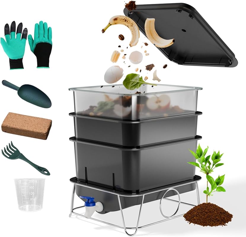 3-Tray 15L Worm Farm Composting Bin with Tool Set for Indoor Outdoor O