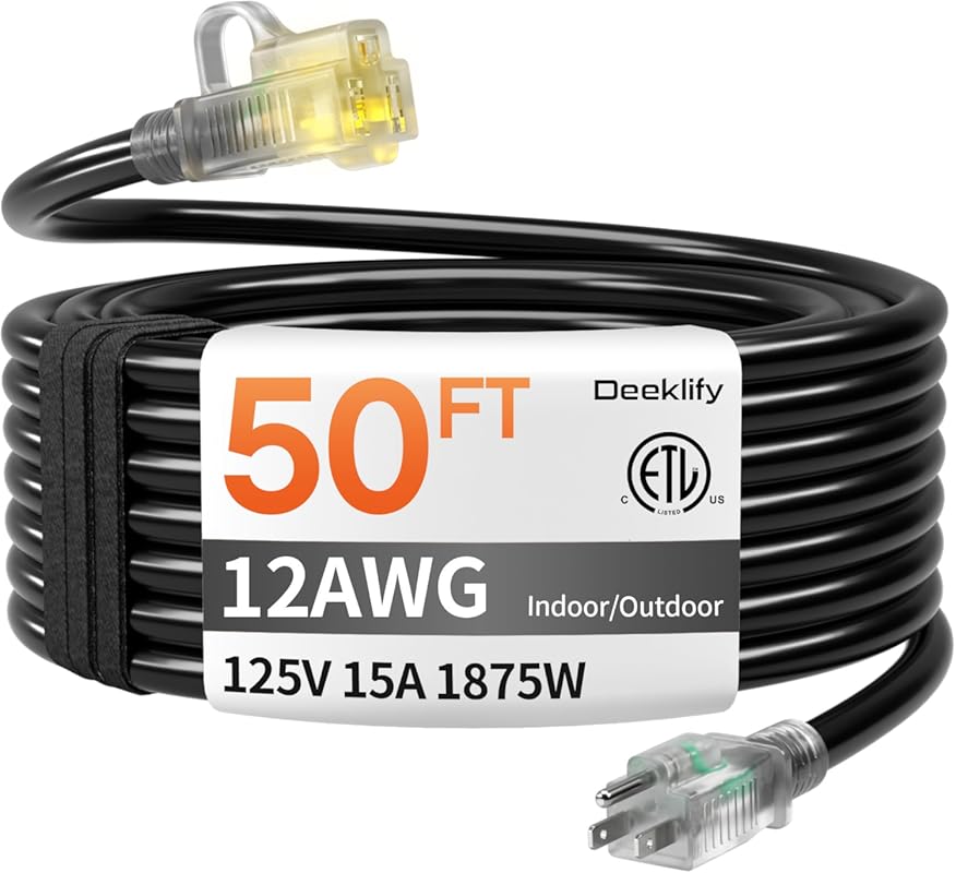 50 ft 12 Gauge Heavy Duty Outdoor Extension Cord with Lighted End, Wat