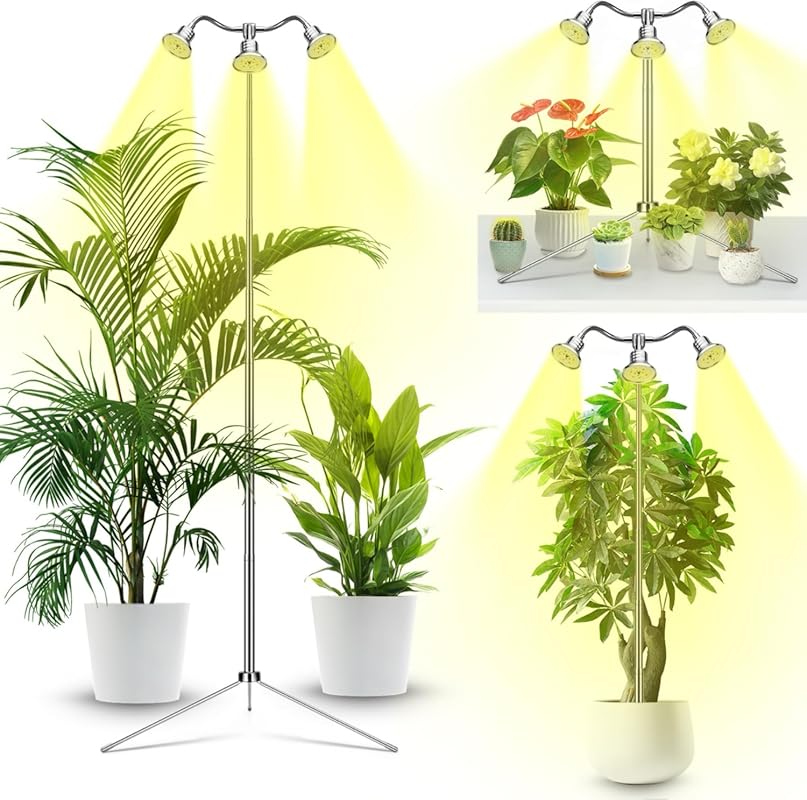 Full Spectrum Three-Head Grow Light with 15-62 Inch Adjustable Aluminu