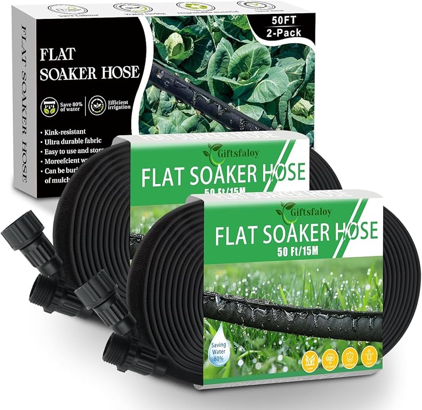 100FT Flat Soaker Hose (2 x 50FT), Heavy Duty Double Layer Design Drip