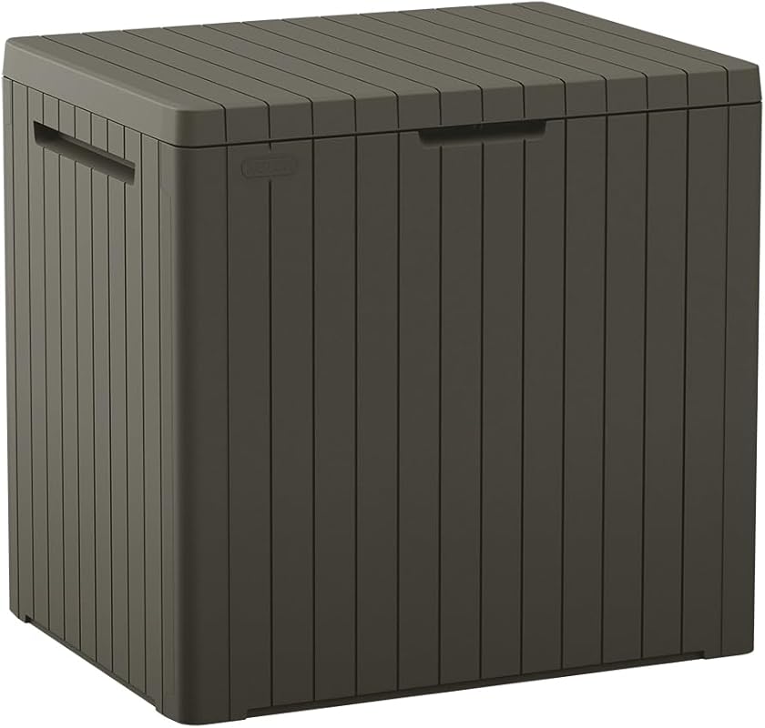 Keter City 30-Gallon Resin Storage Box doubles as patio side table; we