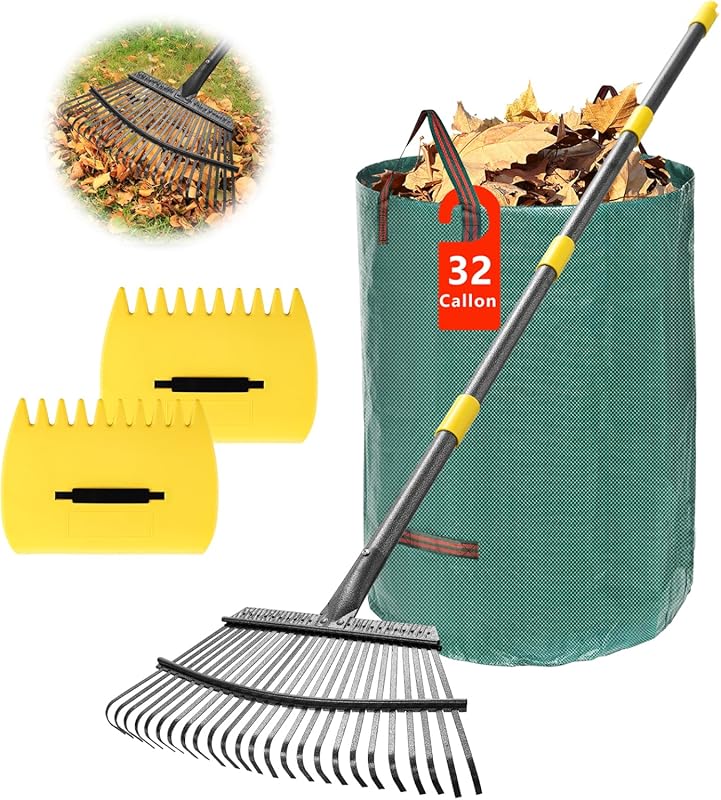 Adjustable 25-Tine Metal Leaf Rake – 3-in-1 Set with Scoops and Collec