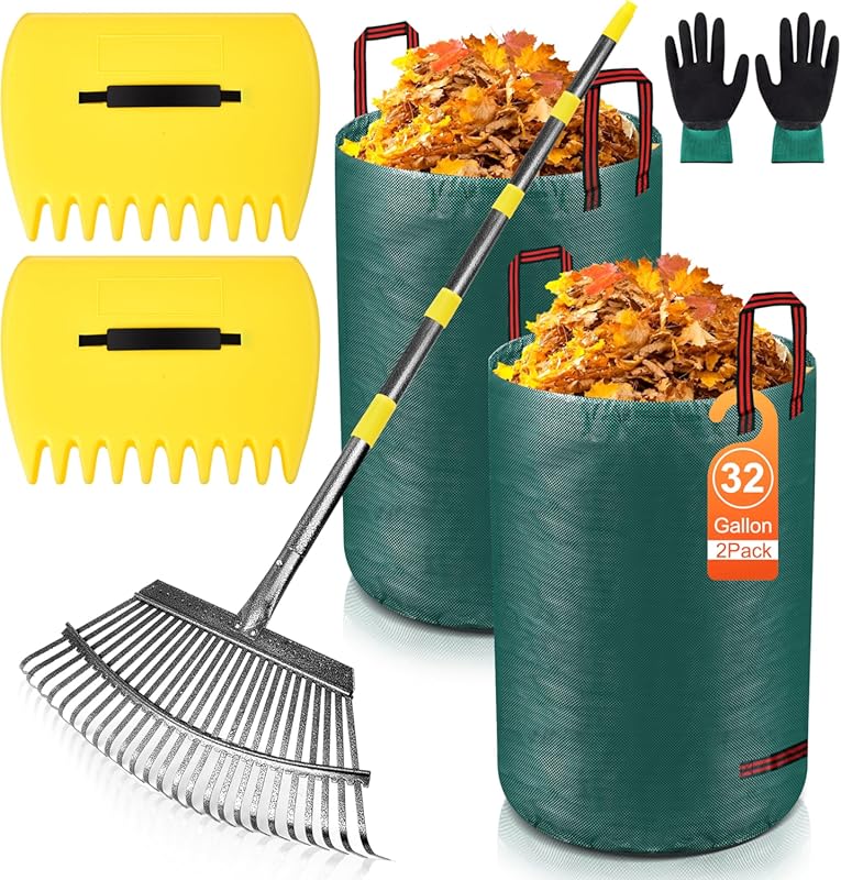 Adjustable 18 Leaf Rake: 37-79 Handle, 25 Tines, 2x32 Gallon Leaf Ba