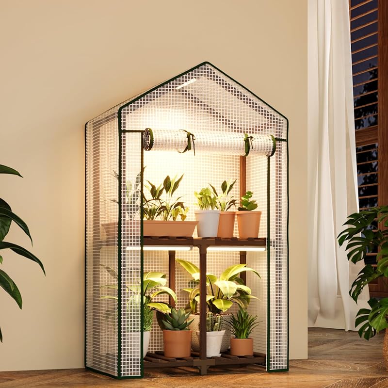 Bamworld 2-Tier Mini Greenhouse with Grow Light and PE Cover for Patio