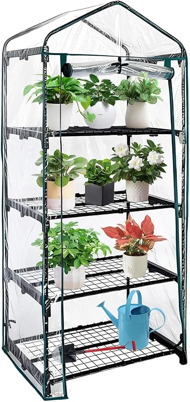 4-Tier Mini Greenhouse with Upgraded Shelf Clips, PVC Cover, and Roll-