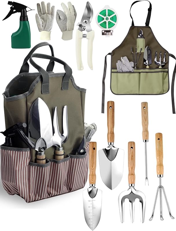 11-Piece Stainless Steel Garden Tool Set: Large Tote Bag, Apron, Ergon
