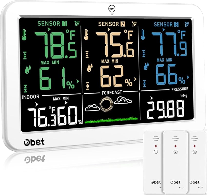 OBET 3-Sensor Wireless Weather Station: Indoor/Outdoor Thermometer, Te