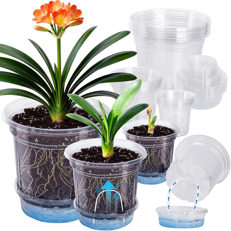 MIXC 18-Pack Self-Watering Planters - Clear Pots with Drainage, Deep R