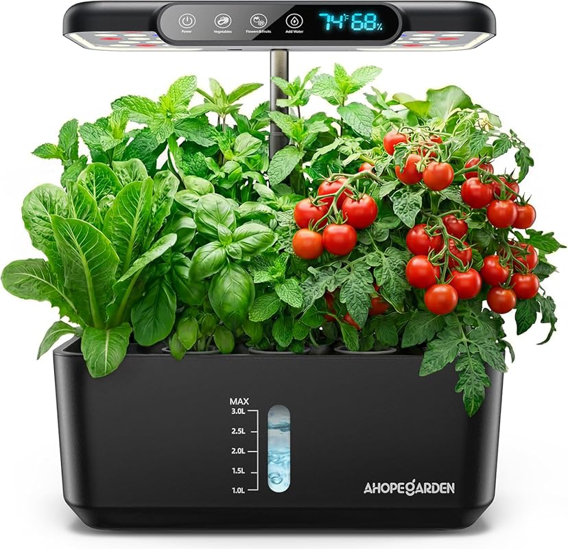 Ahopegarden 10-Pod Hydroponic Herb Garden with LED Light, Smart Temp H