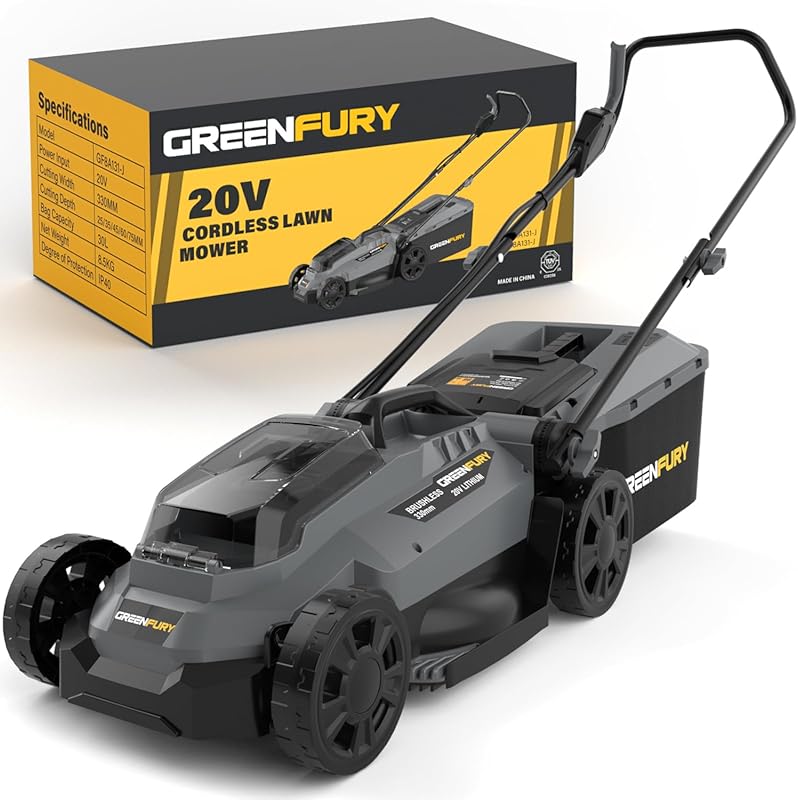 13-inch cordless lawn mower, Dewalt 20V MAX compatible, brushless, 8-g