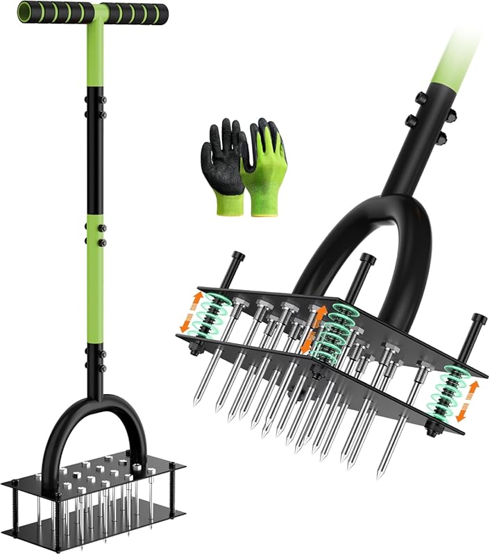 Manual Lawn Aerator with 16 Metal Spikes - Automatic Soil Ejection, Pr
