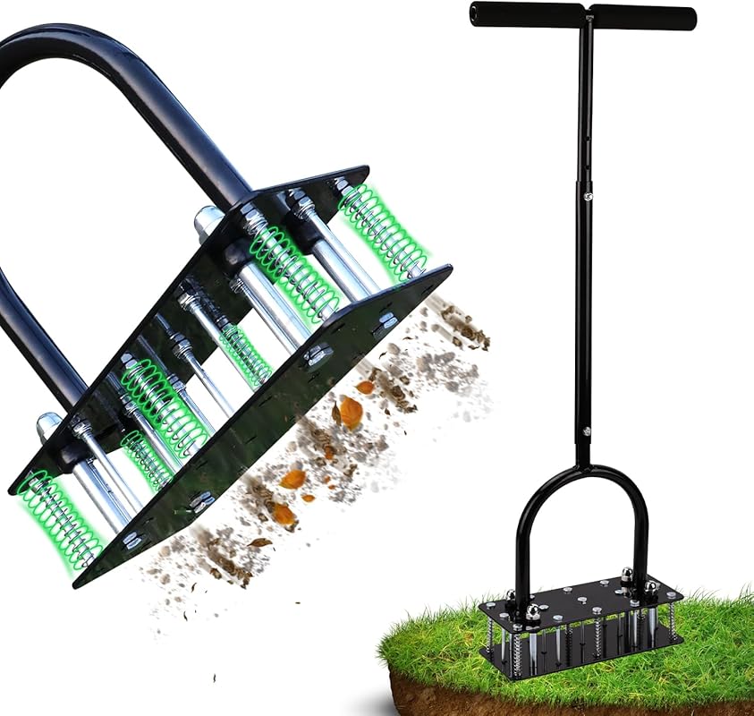 Lawn Aerator: Heavy Duty 15 Iron Spikes, Automatic Dirt Leaf Clean Des