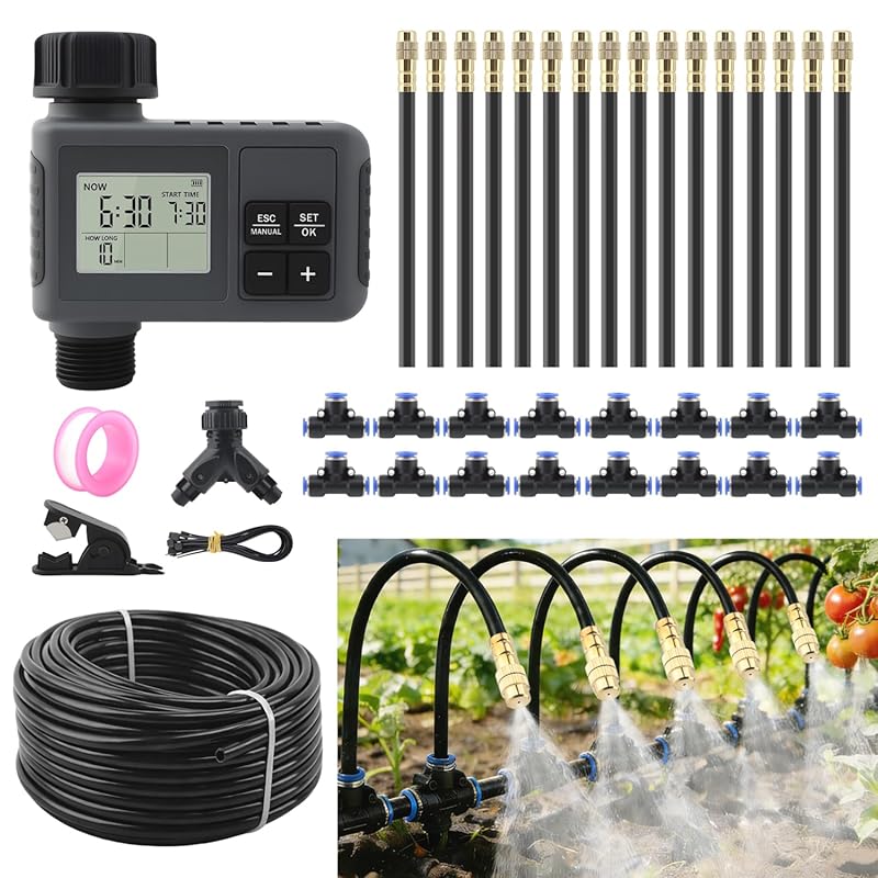 100FT Drip Irrigation System with Water Timer, 360° Adjustable Copper