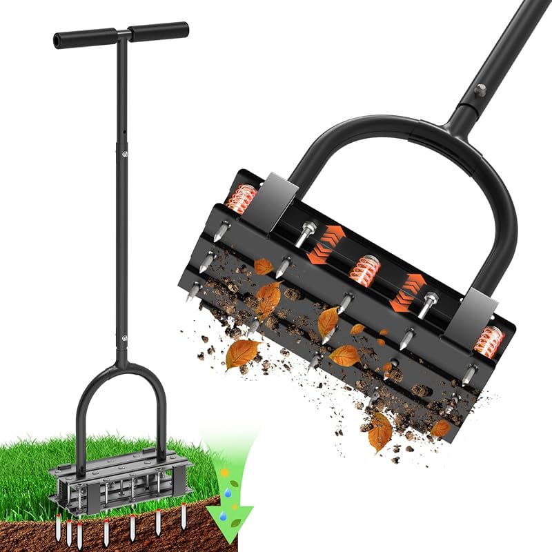 2-in-1 Manual Lawn Aerator with 15 Spikes - Automatic Dirt Leaf Clean 