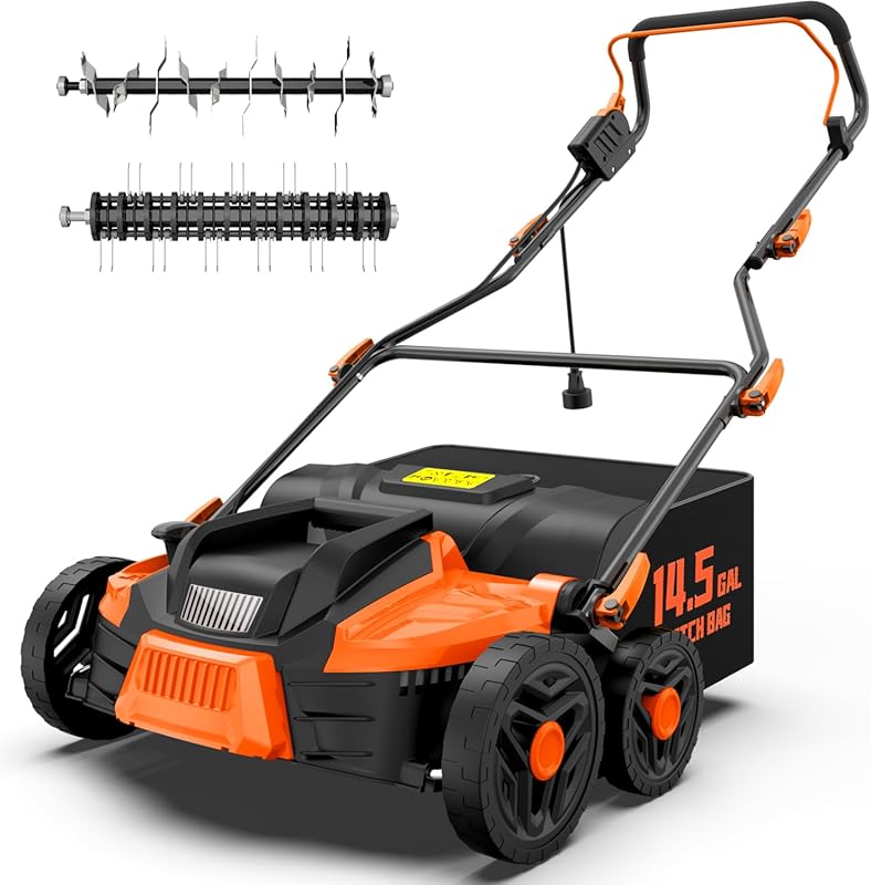 16-Inch 15.5 Amp 2-in-1 Dethatcher and Scarifier with 14.5-Gallon Bag,