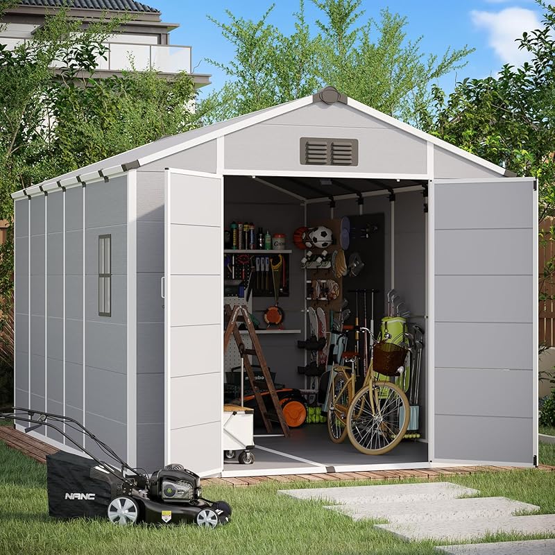 8x12 FT Resin Outdoor Storage Shed with Floor, Lockable Doors & Window