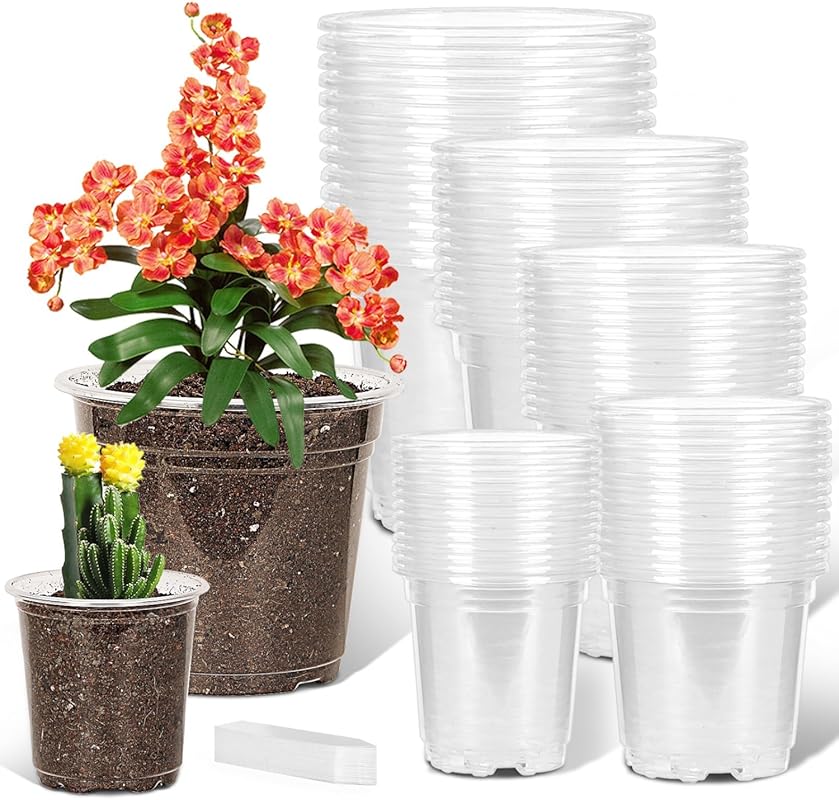 60-Pack Clear Nursery Pots 3.5-7 Inch with Drainage Holes and 50 Label